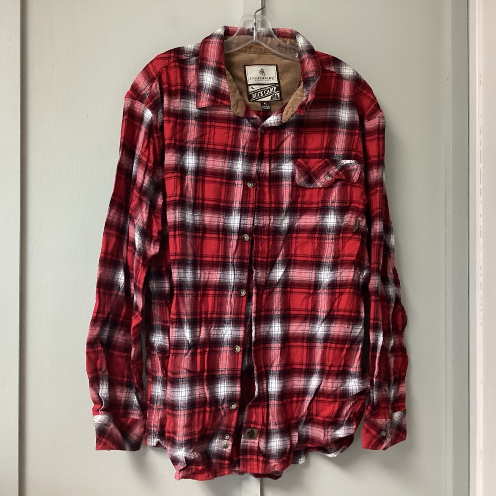 Buck Camp Flannel Size XL Red and Black Plaid Shirt Long Sleeve